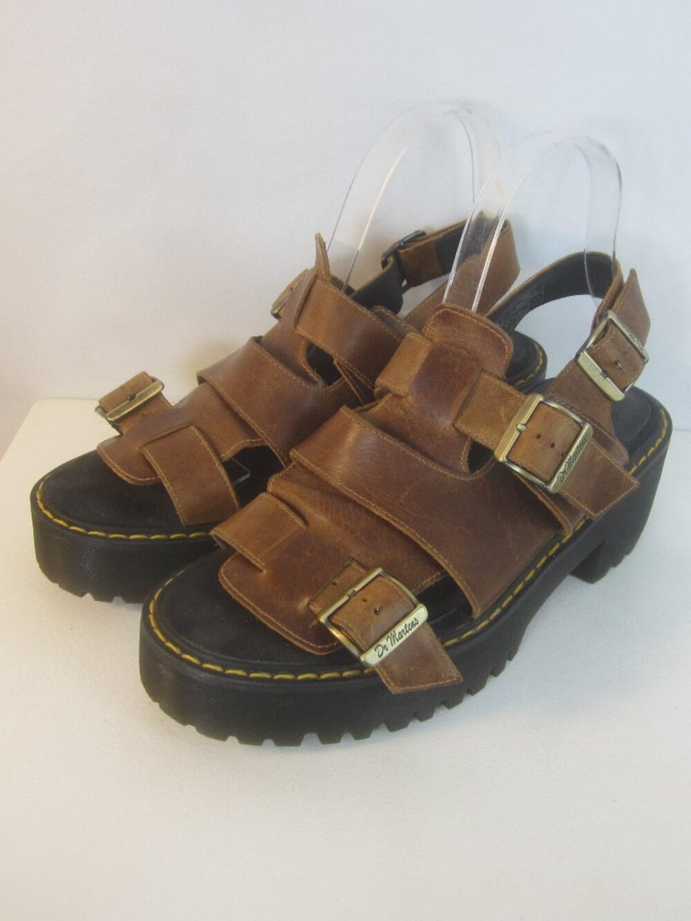 Vtg Dr Martens Women 8 Ariel Brown Leather Platform Buckle Strap Sandals EU 39